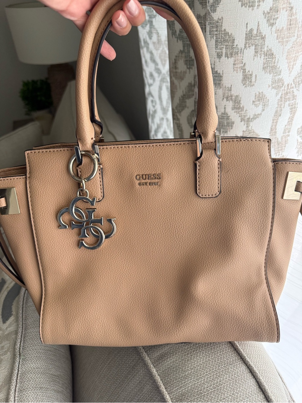 GUESS Tan Pebbled Satchel with Signature Charm